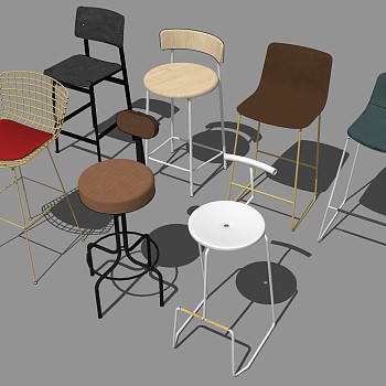 23现代金属铁艺实木休闲吧台椅sketchup草图模型下载
