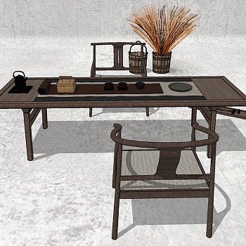 12新中式古典实木书房书桌椅茶桌椅茶具圈椅子SketchUp草图模型下载