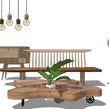 现代原木沙发茶几木头椅子衣架sketchup草图模型下载