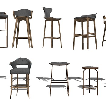 18北欧现代简约吧台椅吧凳组合sketchup草图模型下载