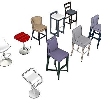 15现代北欧吧台椅单椅组合sketchup草图模型下载