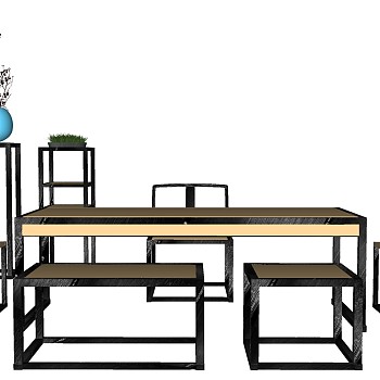 02新中式书房书桌椅花架SketchUp草图模型下载