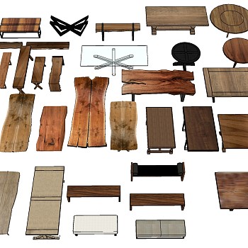 7现代实木大板茶桌桌子餐桌圆形桌子茶具组合木板凳sketchup草图模型下载