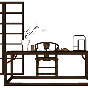 3新中式书房书桌椅圈椅茶具茶桌椅摆件SketchUp草图模型下载