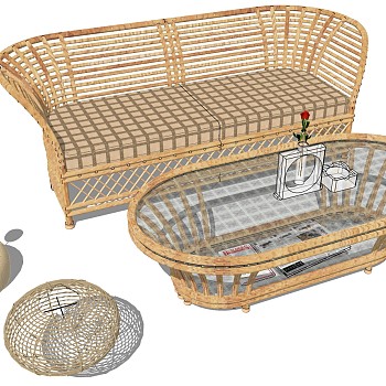 5美式法式新中式实木多人沙发椅子透明玻璃茶几摆件藤编编织圆形灯笼摆件吊灯组合sketchup草图模型下载