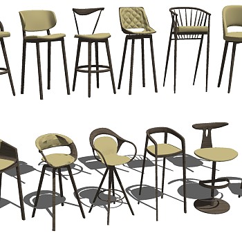 4现代北欧简约实木布艺吧台椅组合合集sketchup草图模型下载