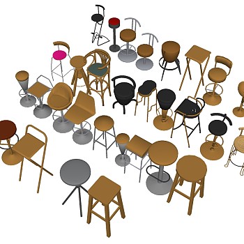 2现代北欧简约实木吧台椅组合合集sketchup草图模型下载