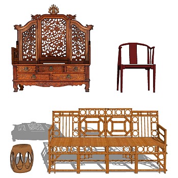 25中式古典实木竹子家具屏风床沙发古典圆凳圆墩椅子sketchup草图模型下载