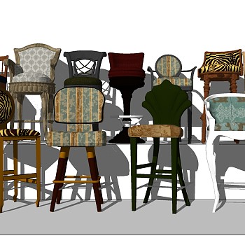 3现代欧式法式美式实木椅子吧椅组合sketchup草图模型下载