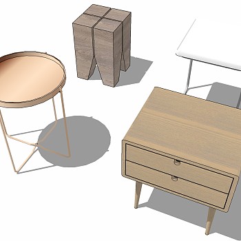 北欧现代边几床头柜木头凳子坐墩sketchup草图模型下载