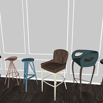现代工业风实木吧台吧椅吧凳sketchup草图模型下载