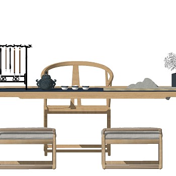 05新中式书桌椅茶桌椅子茶具圈椅SketchUp草图模型下载