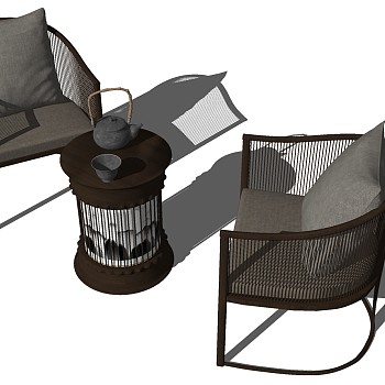5新中式藤编编织户外休闲椅子边几单人沙发sketchup草图模型下载