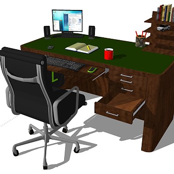 (18)美式法式实木桌子电脑桌书桌写字台椅子摆件SketchUp草图模型下