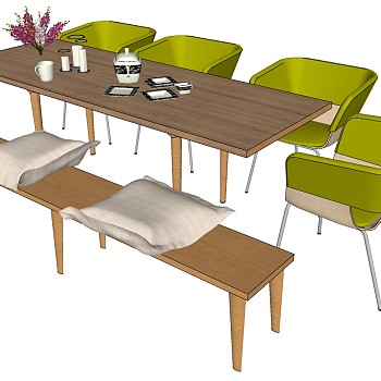 24北欧现代餐桌椅长条凳子sketchup草图模型下载