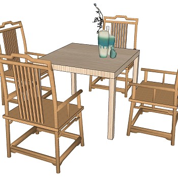 22中式古典实木餐桌椅茶桌椅sketchup草图模型下载