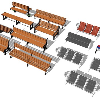 12现代欧式法式室外户外实木休闲等候椅公共场所等候椅 广场椅医院车站等候椅排椅银行大厅等候座椅铁艺公园座椅sketchup草图模型下载