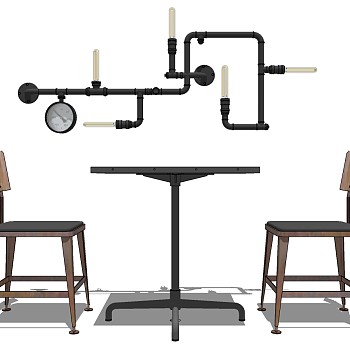 17工业风实木单人椅子实木桌子餐桌椅管道水果壁灯组合sketchup草图模型下载