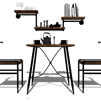 9工业风LOFT金属钢管餐桌椅书架摆件茶具sketchup草图模型下载