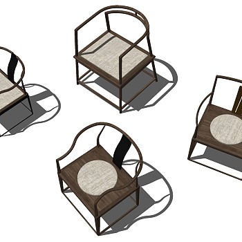 4新中式实木椅子单椅圈椅太师椅官帽椅sketchup草图模型下载