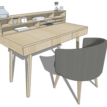 现代简约实木桌子电脑桌椅子SketchUp草图模型下 (1)