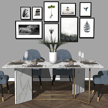 14北欧轻奢布艺金属单人沙发椅子大理石餐桌餐具挂画家具sketchup草图模型下载
