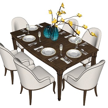 11简欧式美式北欧6人布艺单人椅子实木餐桌餐具花瓶sketchup草图模型下载
