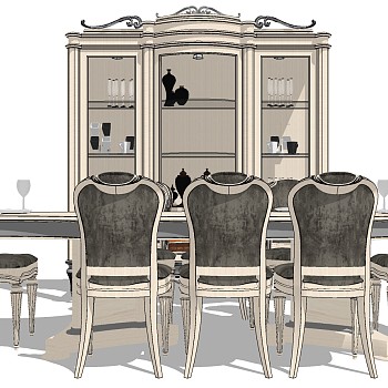 16欧式美式法式餐厅实木餐桌椅酒柜储物柜酒柜餐桌椅组合sketchup草图模型下载