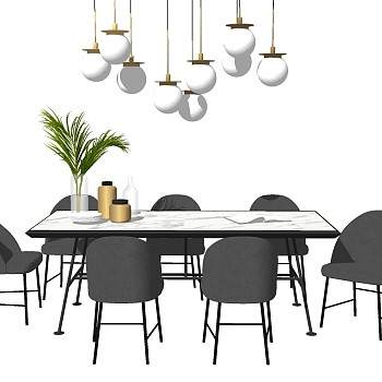 16北欧现代餐桌椅子球形吊灯组合sketchup草图模型下载