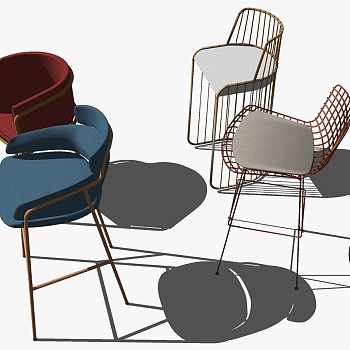 现代轻奢金属线条舒适吧椅椅子新中式吧椅组合sketchup草图模型下载
