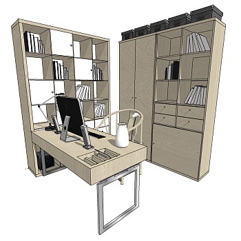 现代实木桌子椅子写字桌书架SketchUp草图模型下