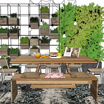 23工业风现代餐桌椅板凳植物墙花架铁艺书架花架花槽果盘sketchup草图模型下载