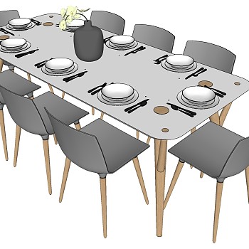20现代北欧实木多人椅子桌子餐桌椅子茶具组合sketchup草图模型下载