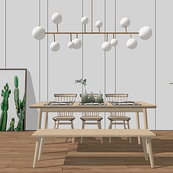 15北欧现代小清新餐桌椅子木板凳长条凳球形吊灯sketchup草图模型下载