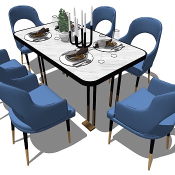 10现代轻奢新古典简欧式餐桌椅组合烛台sketchup草图模型下载