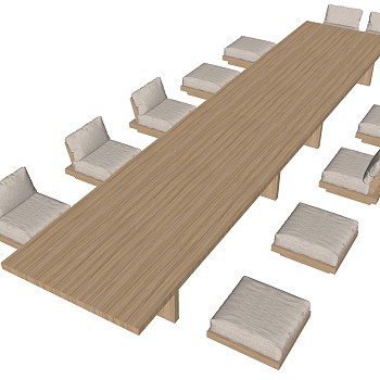 9日式现代实木沙发沙发凳桌子餐桌椅组合sketchup草图模型下载