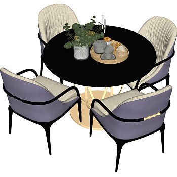 4后现代轻奢圆形餐桌椅布艺沙发椅子桌子摆件组合sketchup草图模型下载