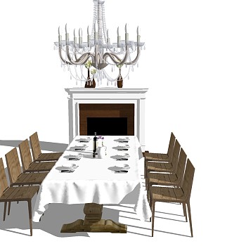 3美式法式实木单人椅子餐椅餐桌水晶吊灯壁炉组合桌布sketchup草图模型下载