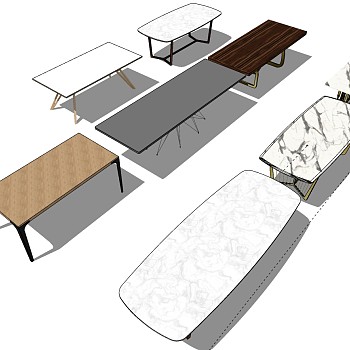 2现代简约实木桌子餐桌大理石餐桌长条桌组合sketchup草图模型下载