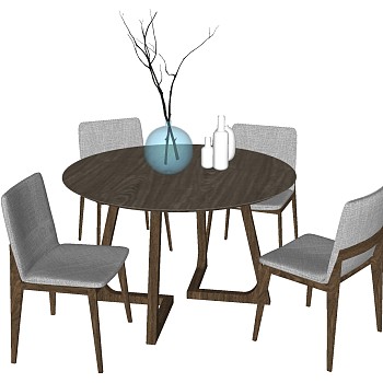 1北欧实木单人沙发椅子实木桌子餐桌摆件组合sketchup草图模型下载