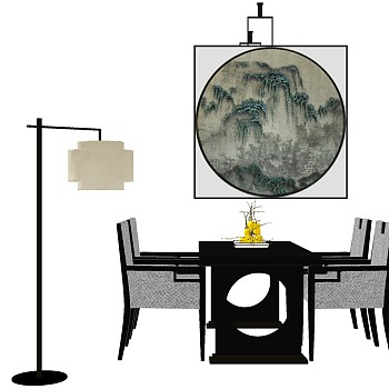 6新中式餐桌椅子吊灯组合组合sketchup草图模型下载