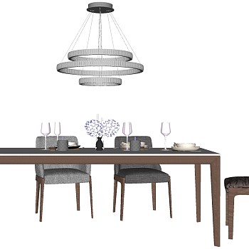 6北欧现代餐厅餐桌椅子餐具吊灯摆件组合sketchup草图模型下载