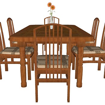 2美式实木桌子椅子餐桌椅组合sketchup草图模型下载