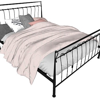 21工业风欧式美式简约金属铁艺单人床抱枕sketchup草图模型下载