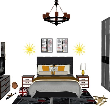 2美式北欧简约单人床床头柜电视柜金属铁艺吊灯组合sketchup草图模型下载