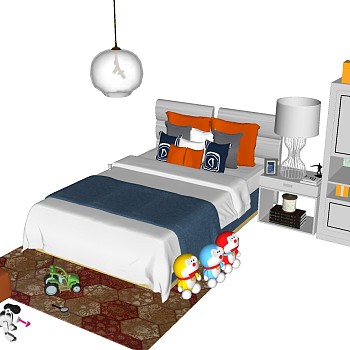 14北欧简约儿童房儿童床床头柜金属铁艺台灯吊灯机器猫儿童玩具组合sketchup草图模型下载