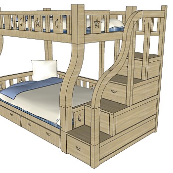 22欧式美式实木上下铺木架子床单人床组合sketchup草图模型下载