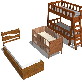 1现代实木单人床上下铺单人床组合婴儿床木架子床sketchup草图模型下载