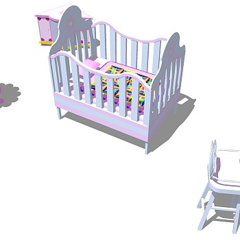 4现代欧式儿童房儿童床床头柜椅子组合婴儿床摇篮sketchup草图模型下载
