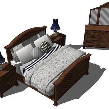 15欧式美式实木双人床床头柜台灯装饰镜组合sketchup草图模型下载